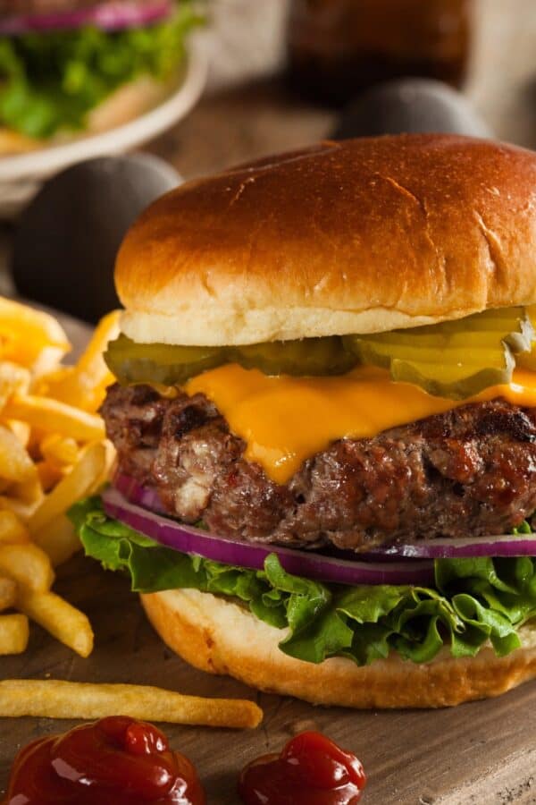 Bison Burger on a cutting board with fries