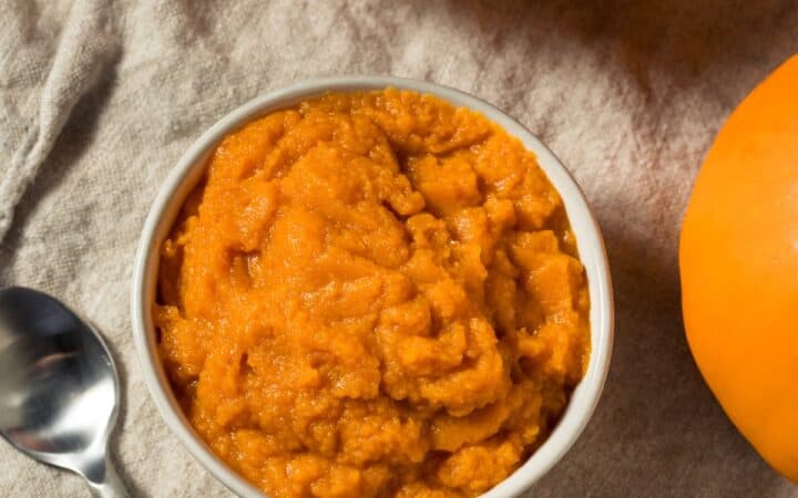 Overhead image of Pumpkin Puree in a white bowl next to pumpkins