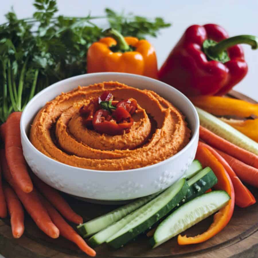 Roasted Red Pepper Hummus in a bowl with assorted veggies surrouding it
