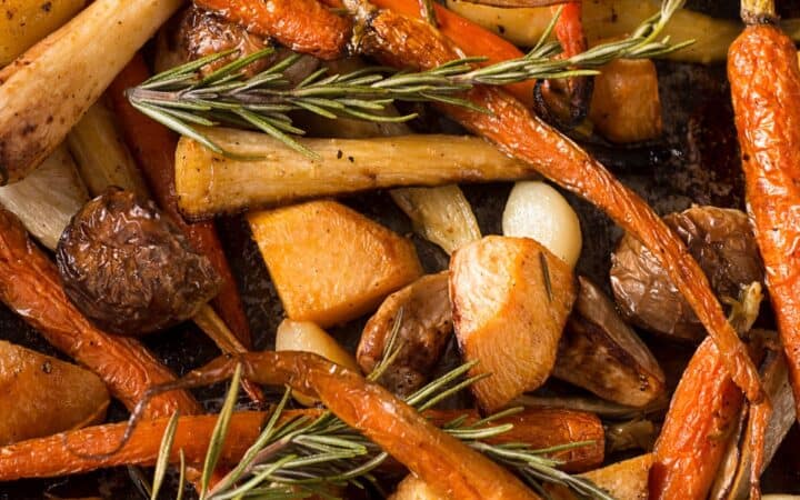 Close up image of Roasted Root Vegetables on a pan