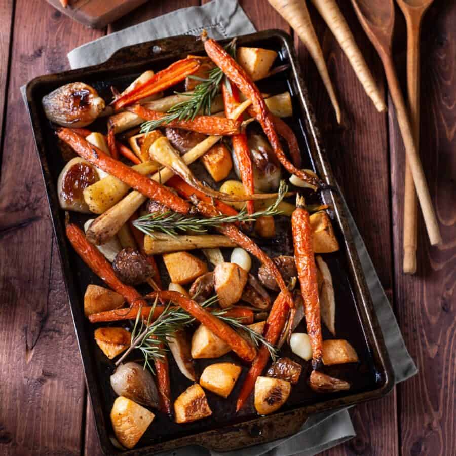 Overhead image of Roasted Root Veggies on a sheet pan