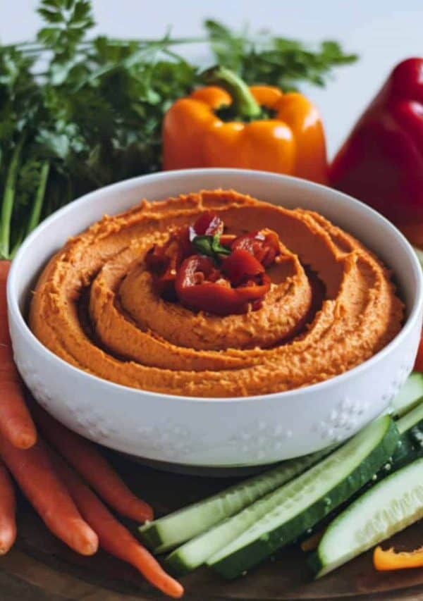 Roasted Red Pepper Hummus in a bowl with assorted veggies surrouding it