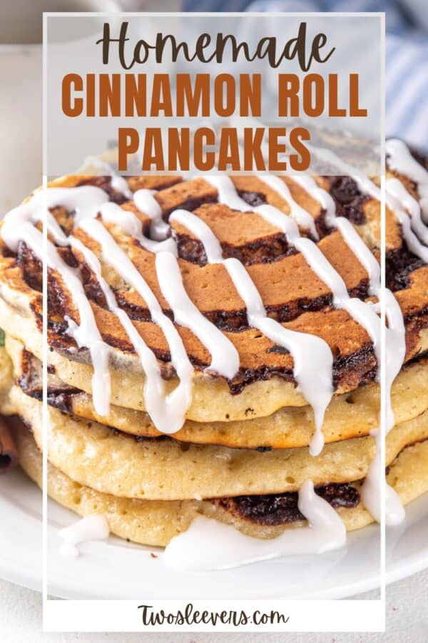 Cinnamon Roll Pancakes Pin with text overlay
