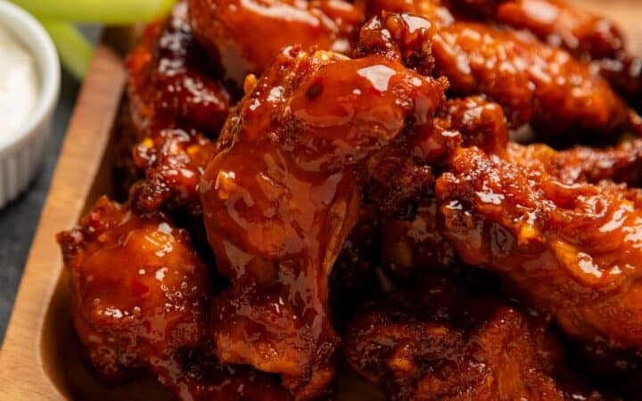 Overhead image of Mango Habanero Wings on a wooden platter