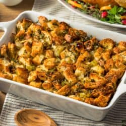 Sausage Stuffing in a white baking dish