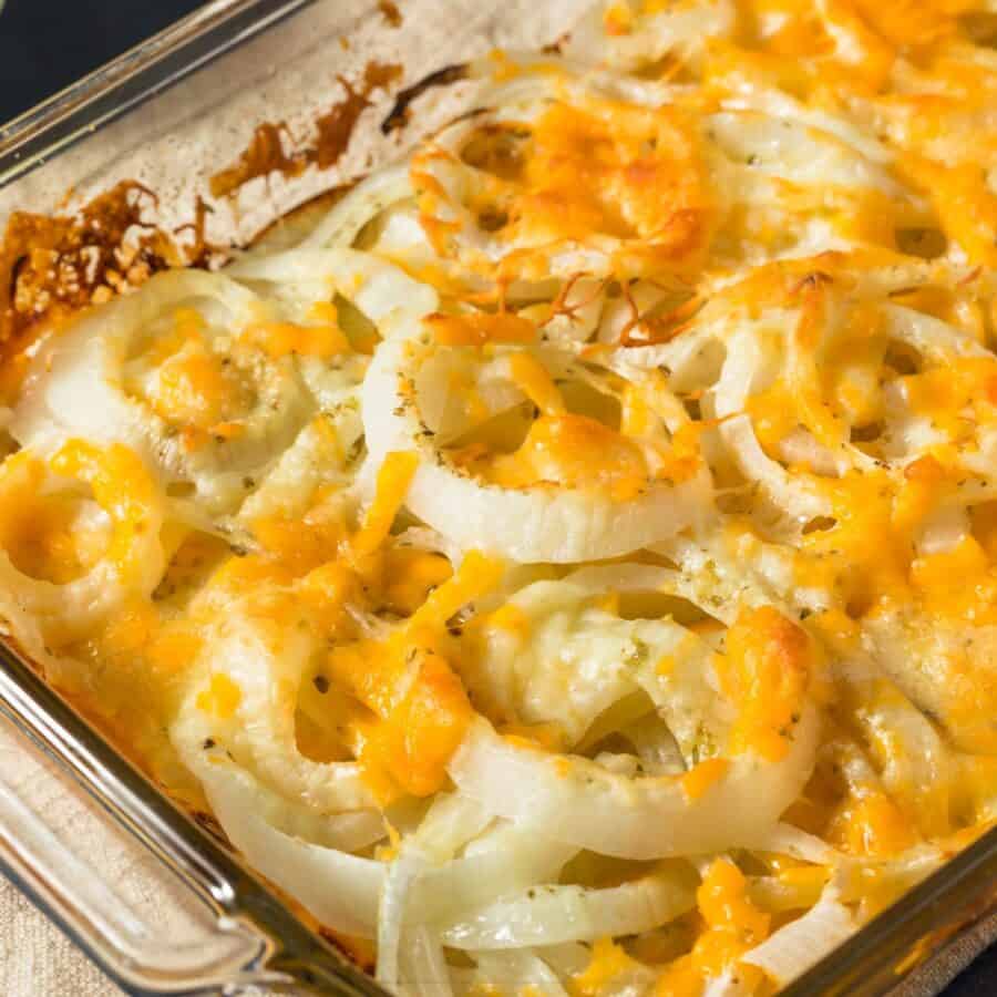 Close up image of Tennessee Onions in a glass baking dish