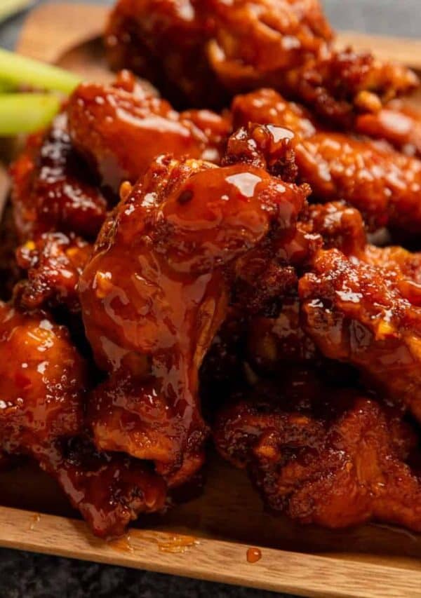 Overhead image of Mango Habanero Wings on a wooden platter