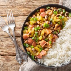 BLACK-EYED PEA Overhead image of Hoppin John with rice in a dish