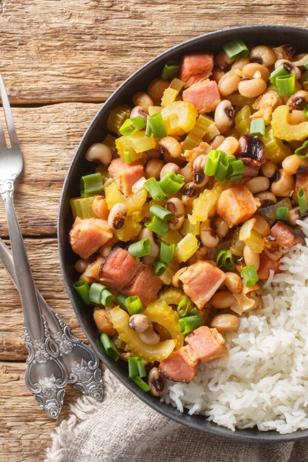 Overhead image of Hoppin John with rice in a dish