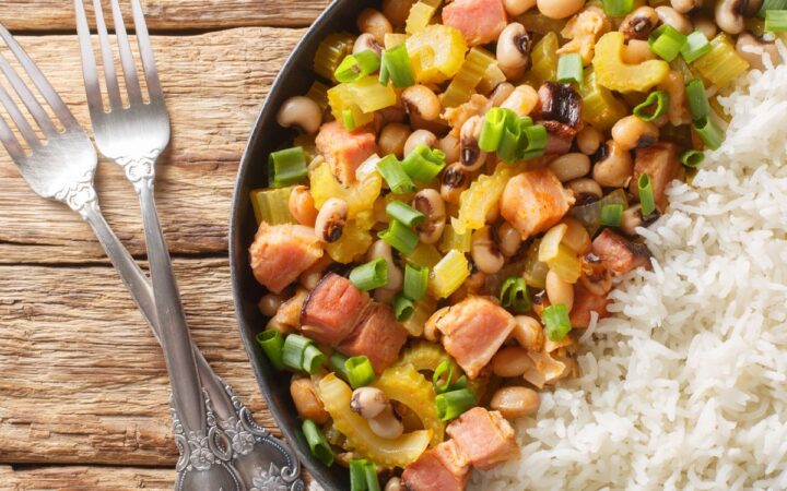 Overhead image of Hoppin John with rice in a dish