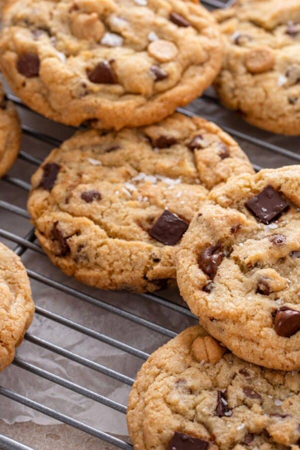 Salted Caramel Chocolate Chip Cookies on a cooling rack