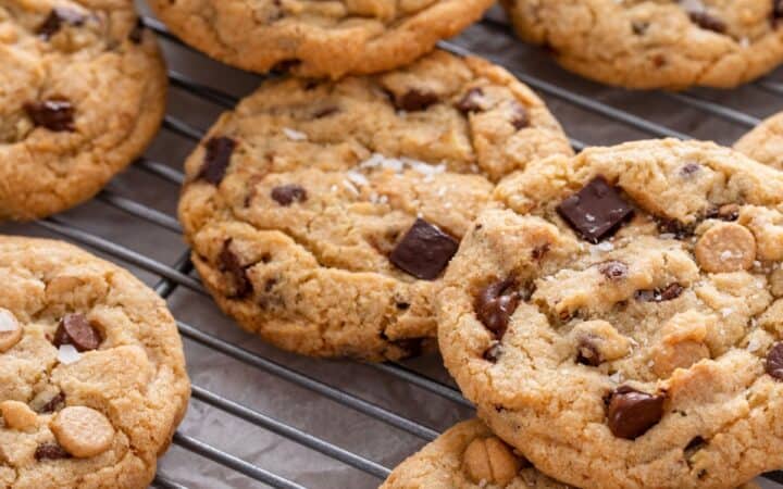 Salted Caramel Chocolate Chip Cookies on a cooling rack