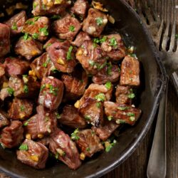 Overhead image of slow cooker steak bites