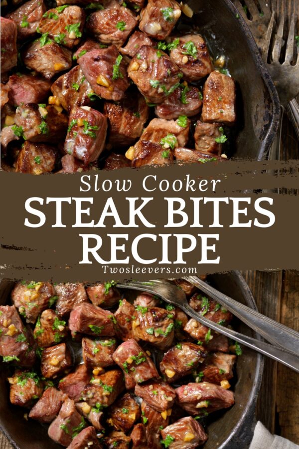 Slow Cooker Steak Bites Pin with text overlay