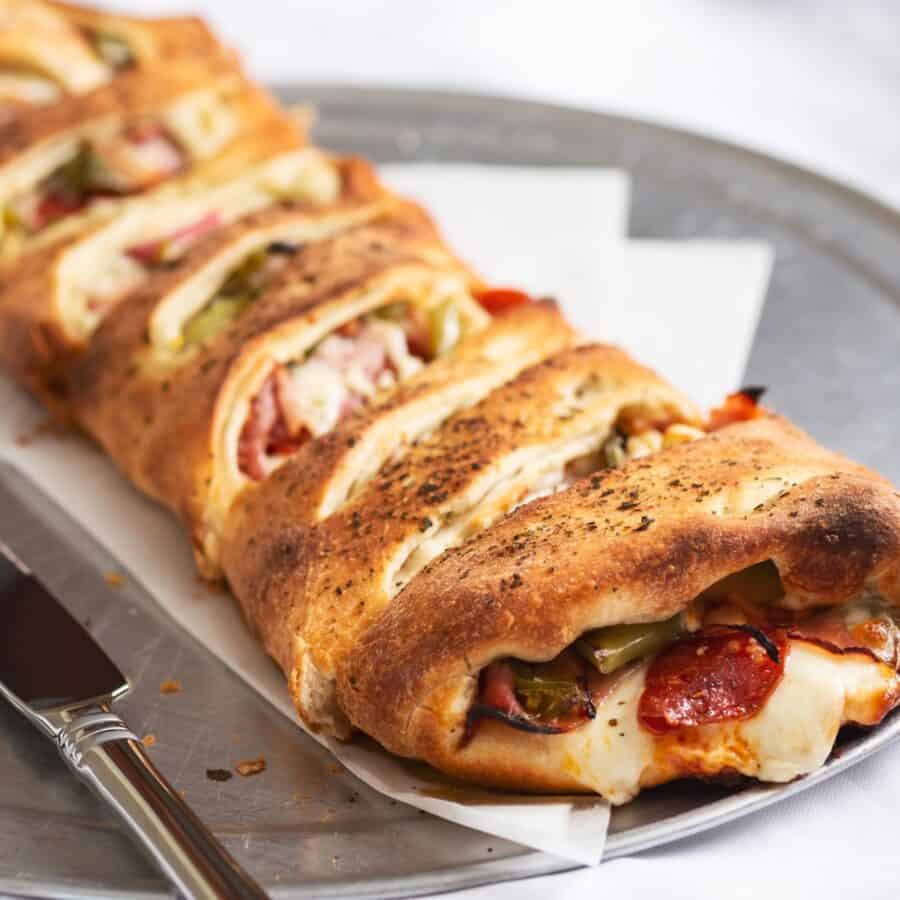Close up image of stromboli on a plate
