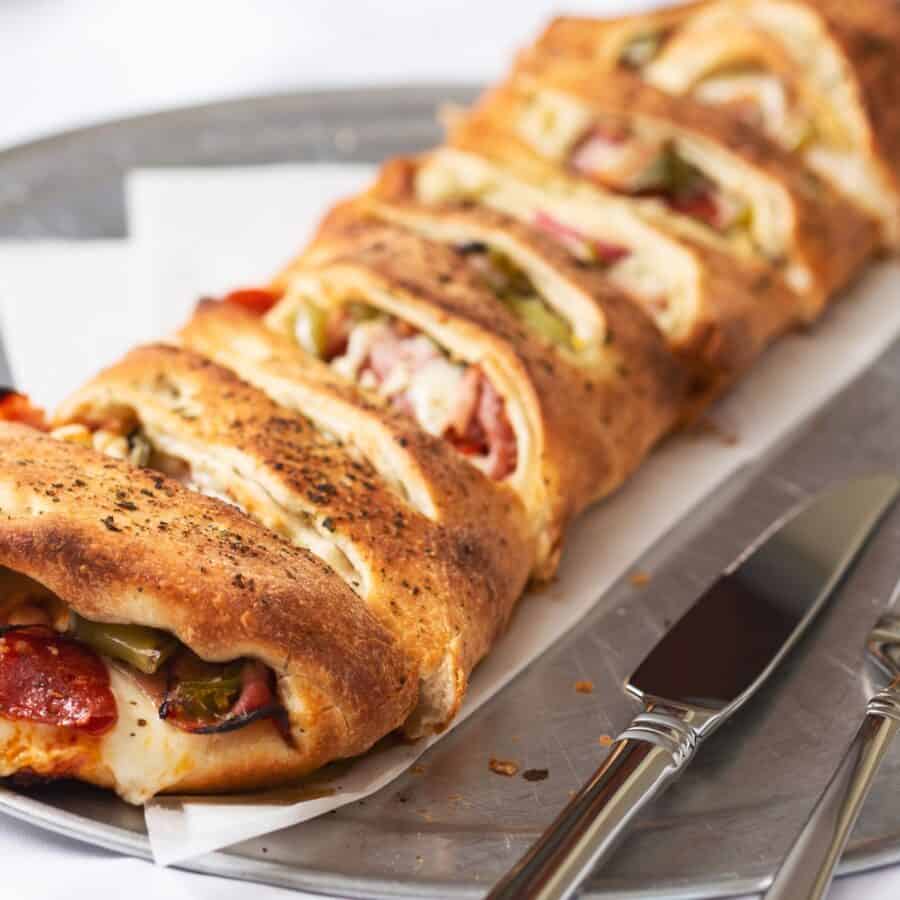 Close up image of a homemade stromboli