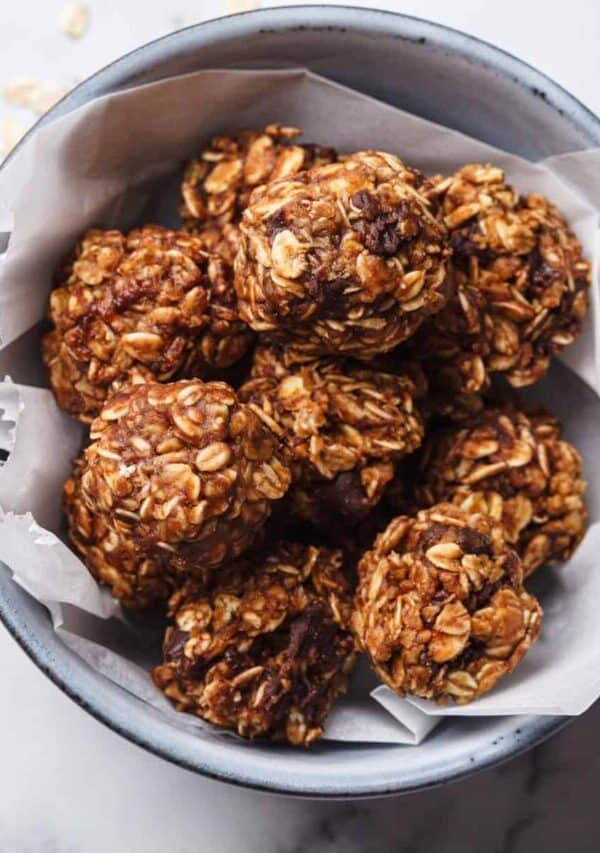 Overhead image of chocolate balls in a bowl with parchment paper