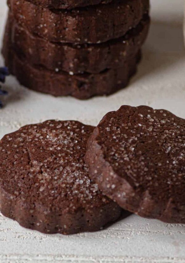 A stack of chocolate shortbread cookies with two laying in front of them