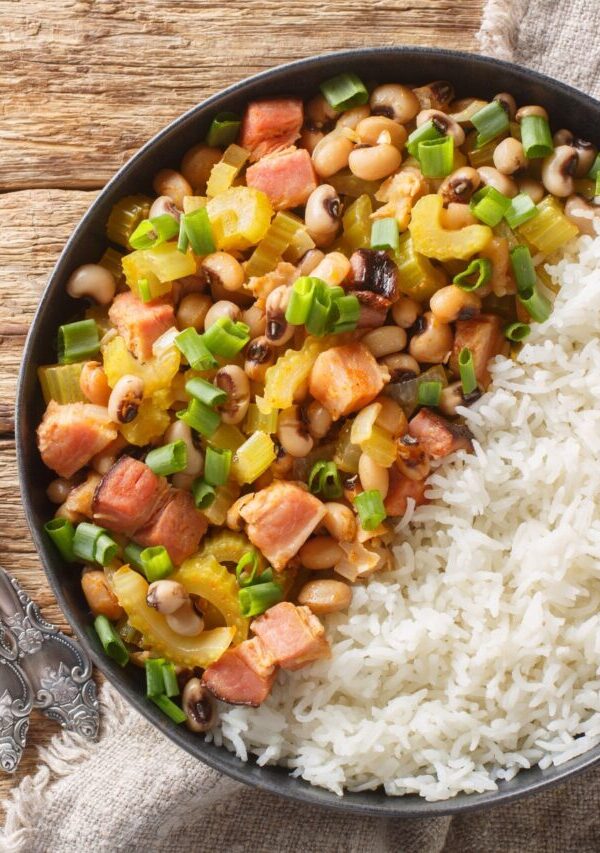 Overhead image of Hoppin John with rice in a dish