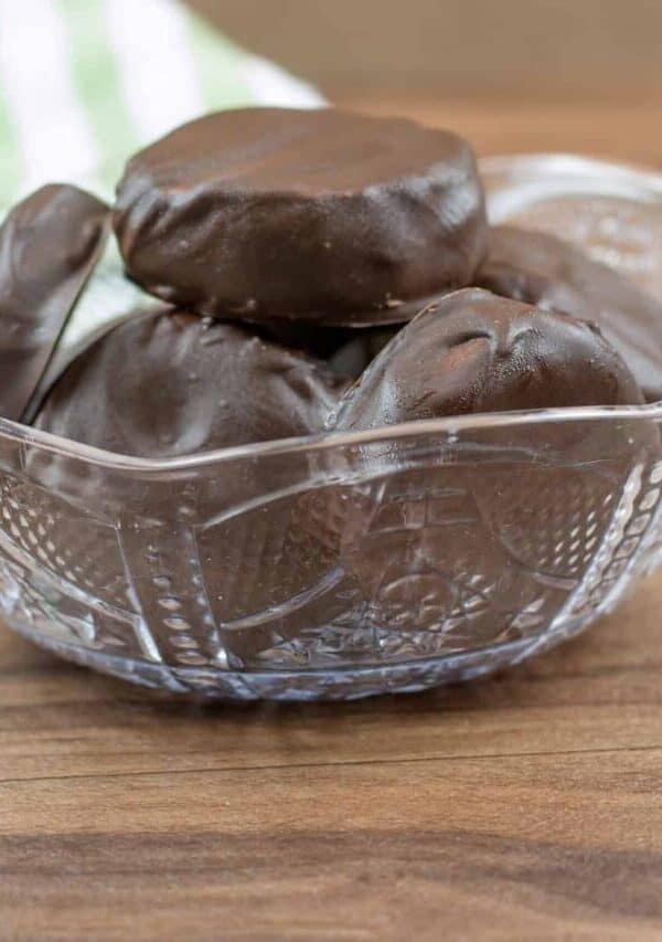 Peppermint Patties stacked in a clear bowl