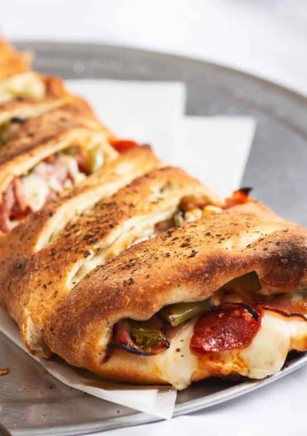Close up image of stromboli on a plate