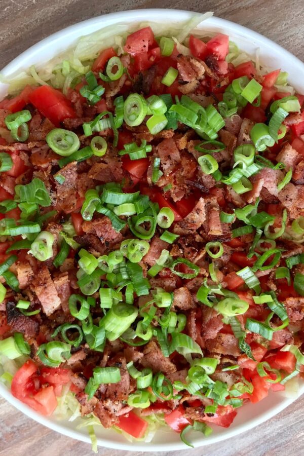 Overhead image of blt dip in a white bowl