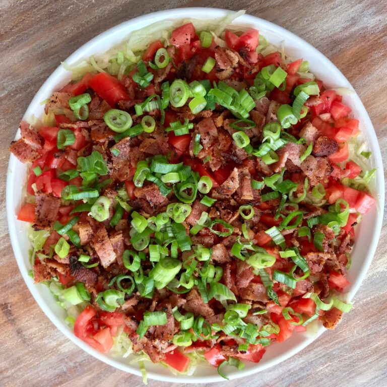 Overhead image of blt dip in a white bowl