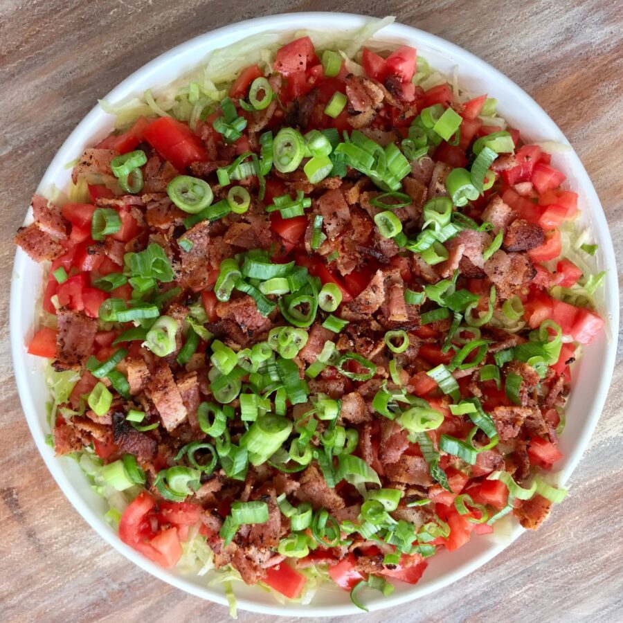 Overhead image of blt dip in a white bowl