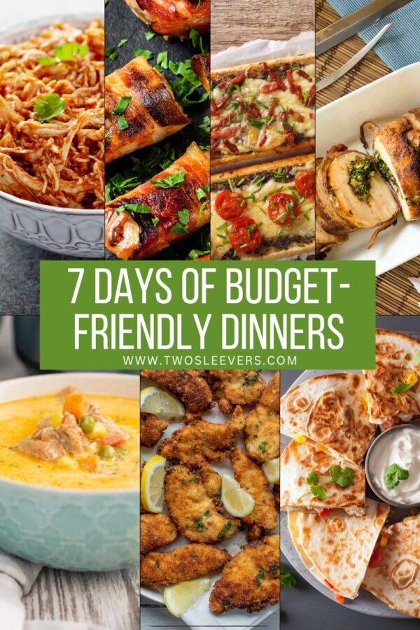 Budget-Friendly Dinner Recipes graphic with 7 images and a text overlay
