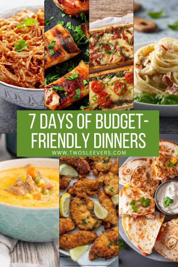 Budget Friendly Meal Plan Graphic with 7 different food images and text overlay