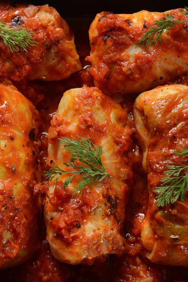 Overhead image of cabbage rolls