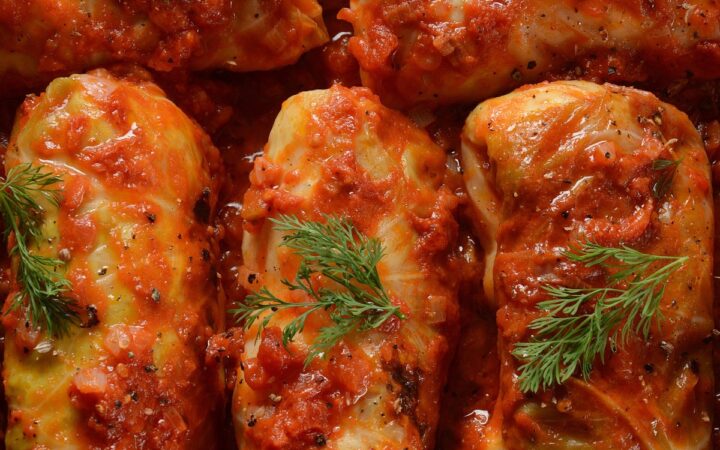 Overhead image of cabbage rolls