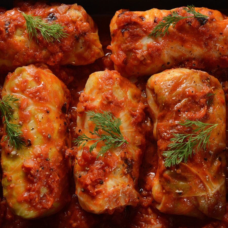 Overhead image of cabbage rolls