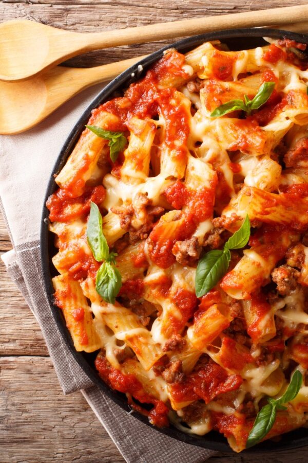 Overhead image of Instant Pot Baked Ziti in a round dish