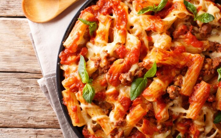 Overhead image of Instant Pot Baked Ziti in a round dish - 12