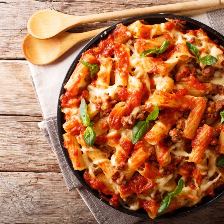 Overhead image of Instant Pot Baked Ziti in a round dish