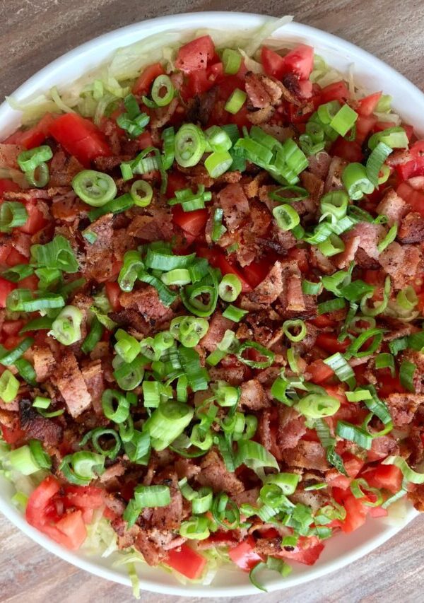 Overhead image of blt dip in a white bowl