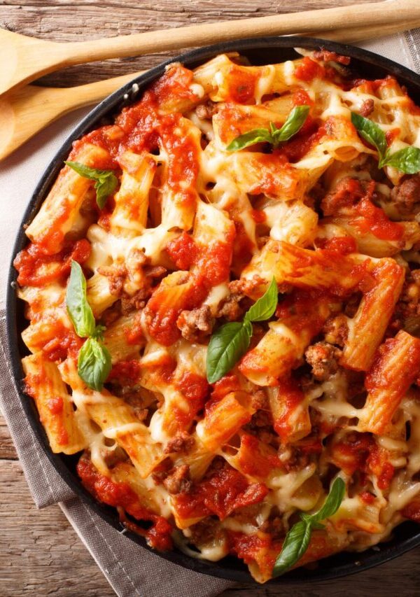 Overhead image of Instant Pot Baked Ziti in a round dish