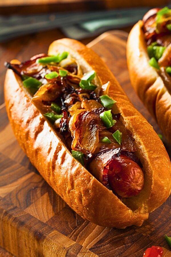 two air fryer bacon wrapped hot dogs on a wooden cutting board