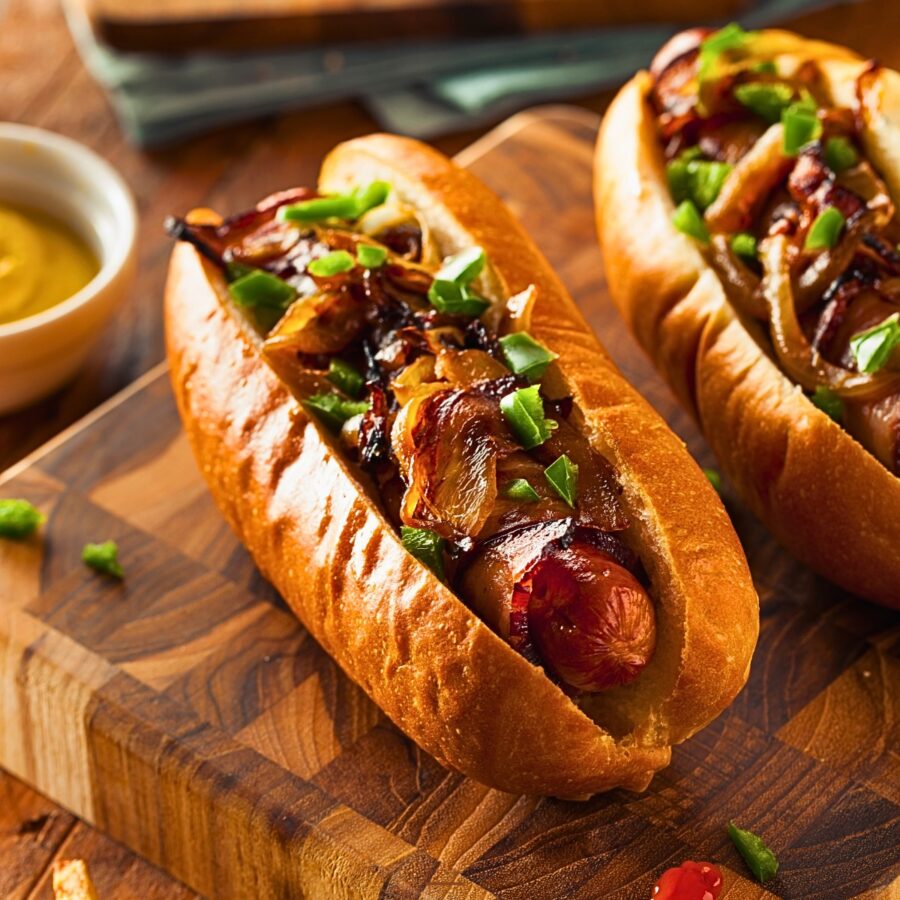 two air fryer bacon wrapped hot dogs on a wooden cutting board