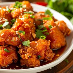 Keto Orange Chicken on a white plate with garnish