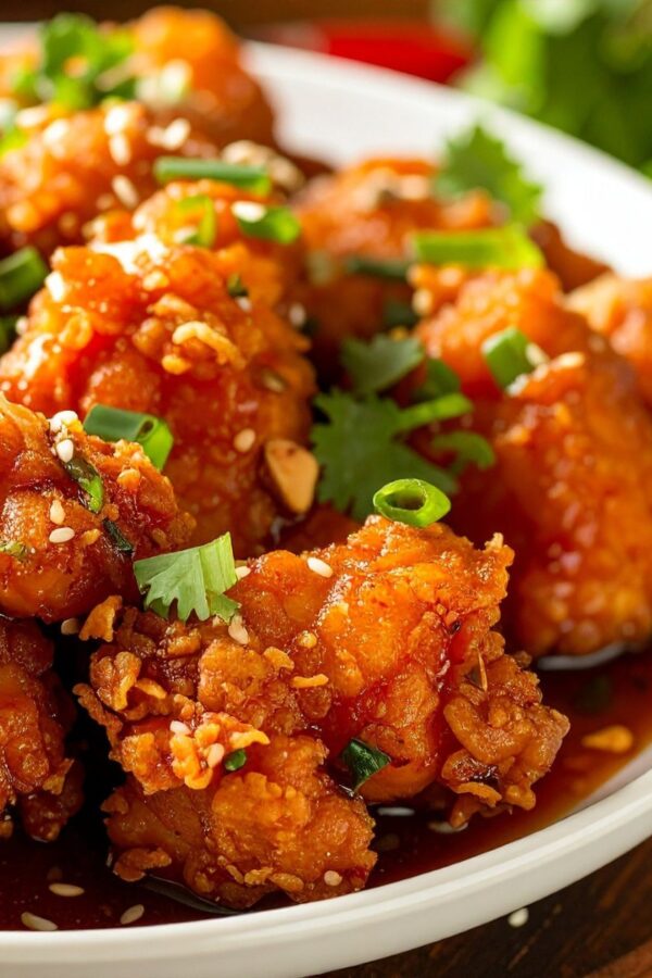 Keto Orange Chicken on a white plate with garnish