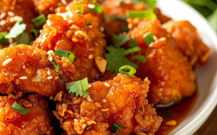 Keto Orange Chicken on a white plate with garnish - 5