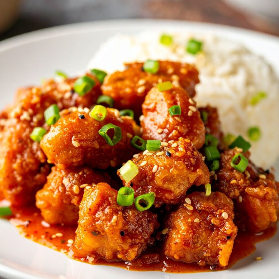 close up image of Keto Orange Chicken on a white plate - 3