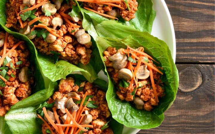 Overhead shot of Korean Lettuce Wraps on a plate