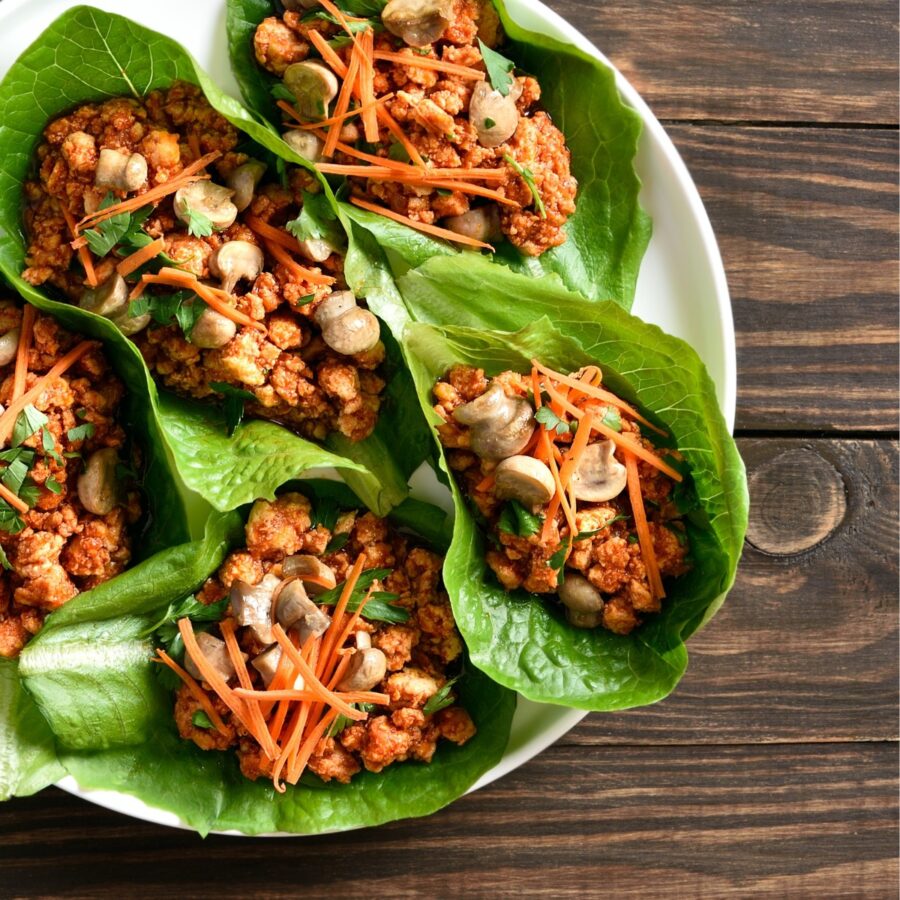 Overhead shot of Korean Lettuce Wraps on a plate