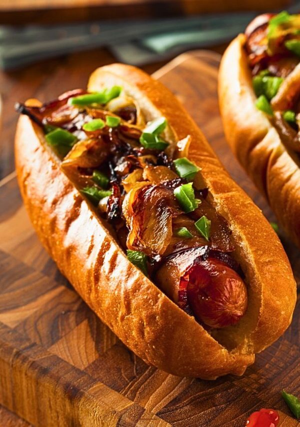 two air fryer bacon wrapped hot dogs on a wooden cutting board