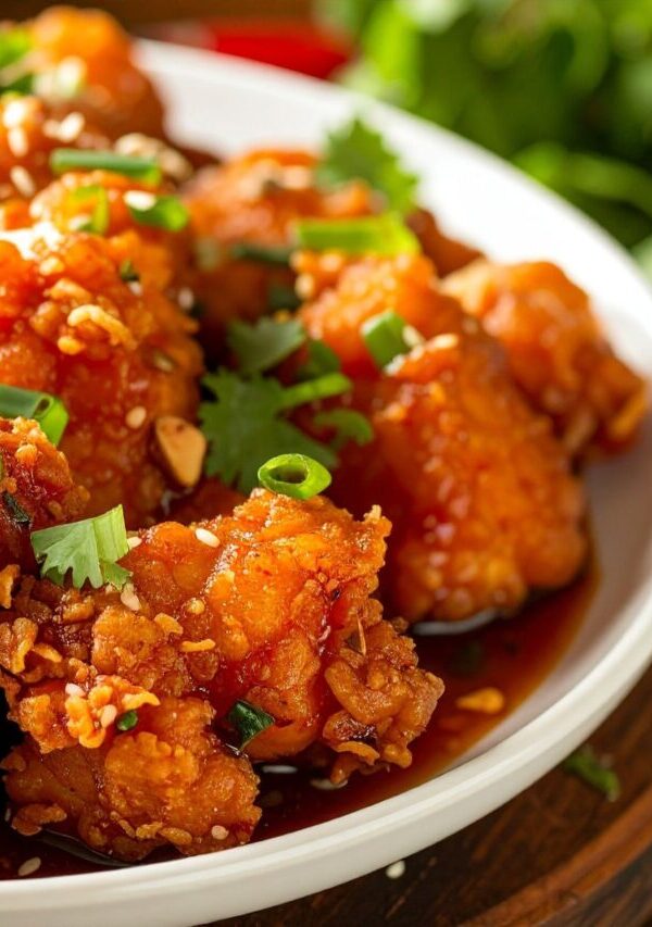 Keto Orange Chicken on a white plate with garnish
