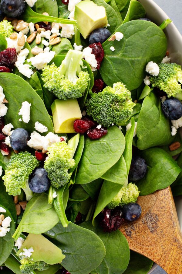 Close up image of blueberry salad with spinach