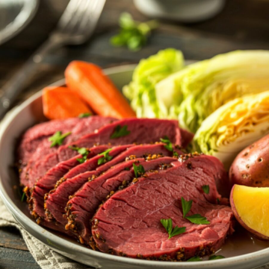 Seasoned Corned beef, cabbage, and carrots on a plate